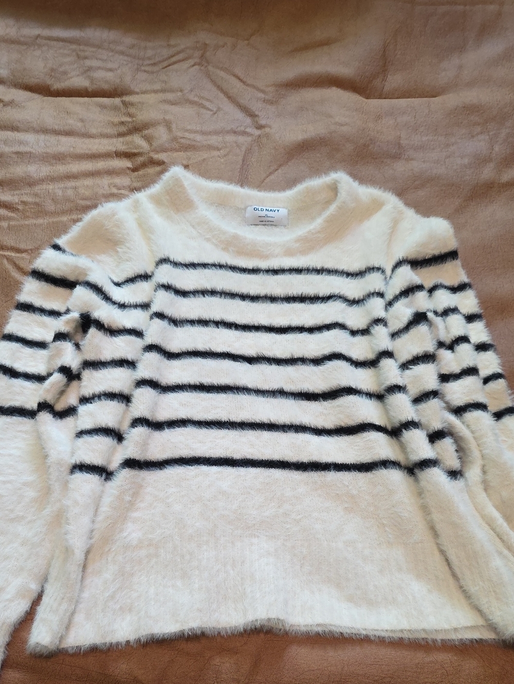 Old Navy Cream Fuzzy Crewneck with Black Stripes